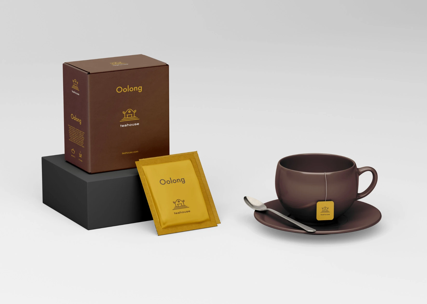 Logo per Teahouse, produttore immaginario di tè - Simulazione su scatola, bustina e tazza