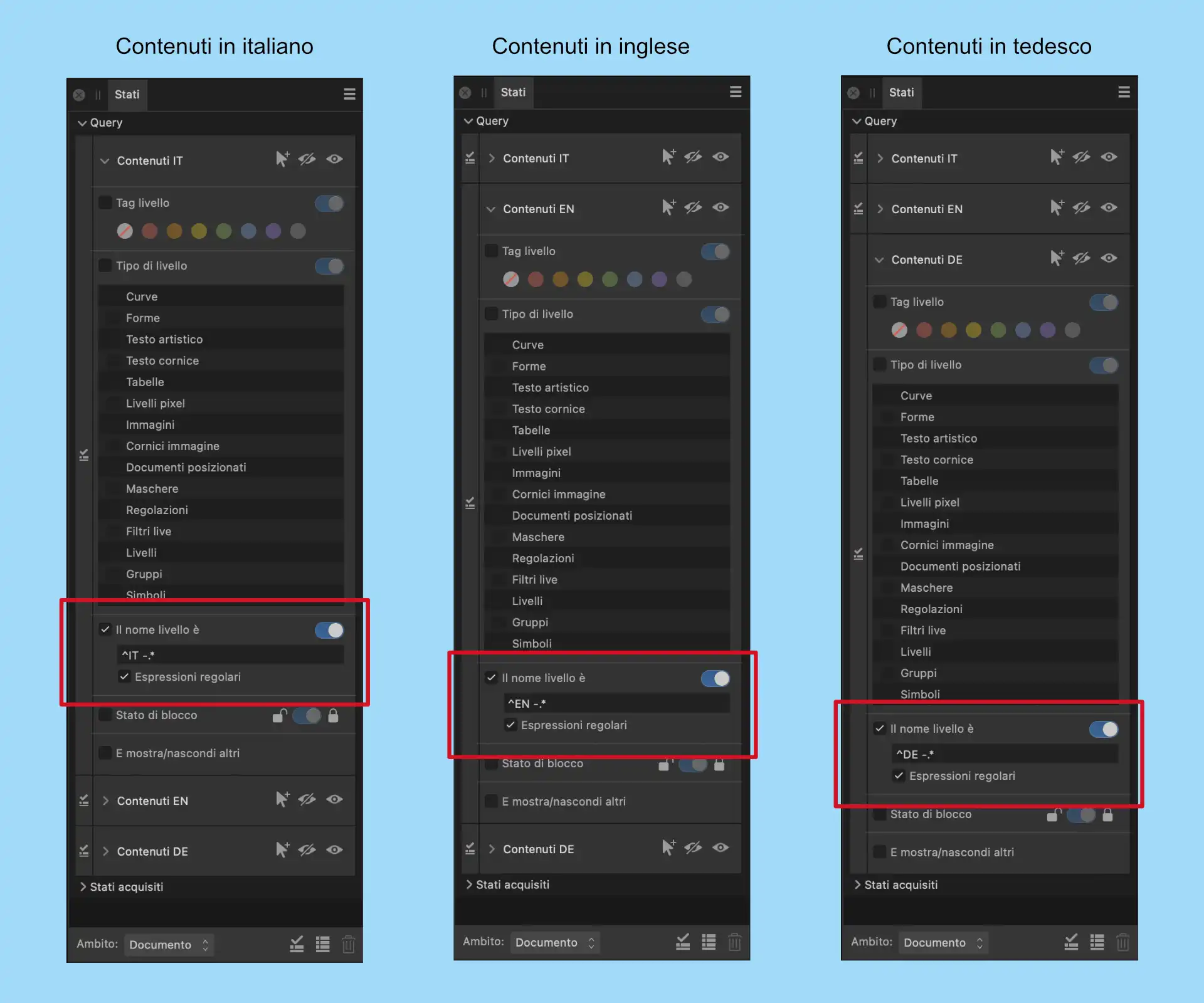 Impostazione delle query per gestire un documento Affinity Publisher su più lingue
