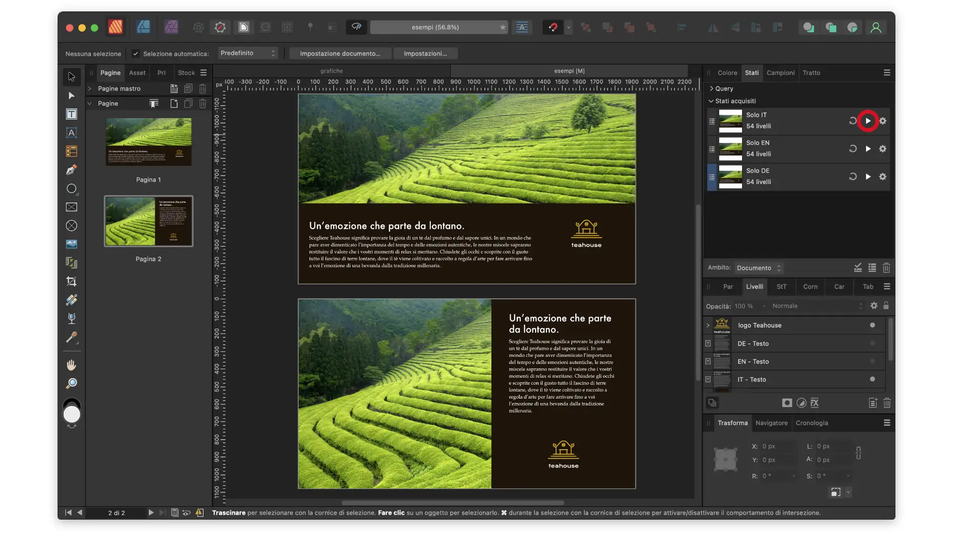 Un esempio di utilizzo del pannello Stati di Affinity Publisher per la gestione facilitata dei contenuti multilingua