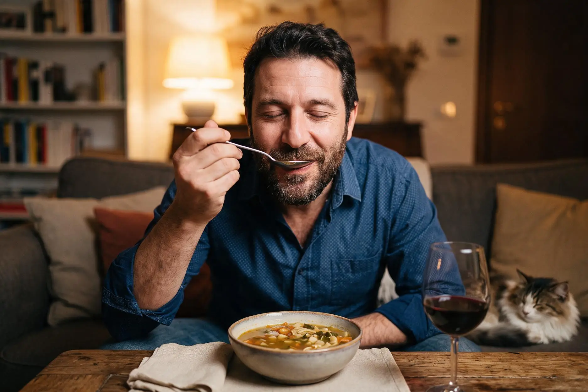 Uomo che mangia una minestra con piacere